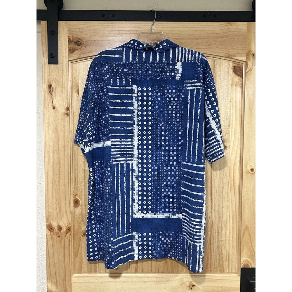 Tommy Bahama Silk Cotton Blend Shirt Sleeve Button Up Blue White Boho 3XL